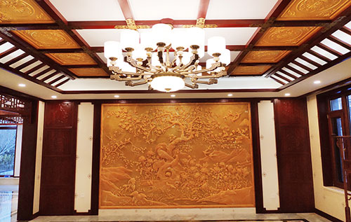 南朗镇中式别墅客厅中式木作横梁吊顶装饰展示